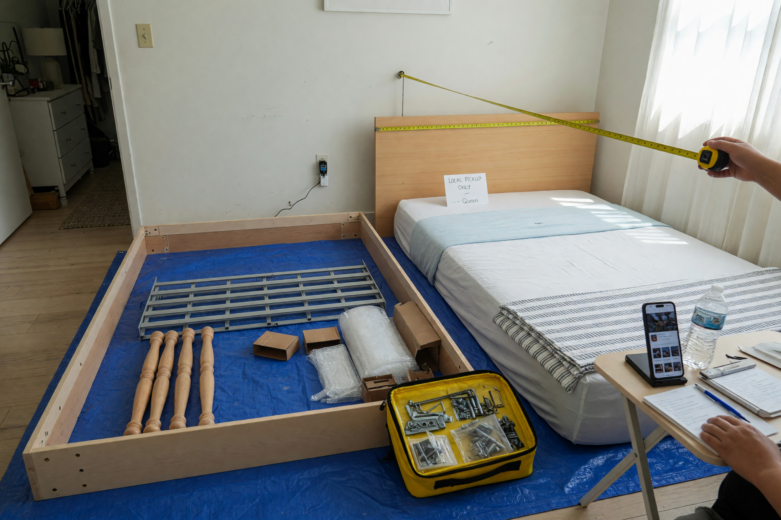Used bed frame and mattress set prepared for local pickup in a bright apartment bedroom