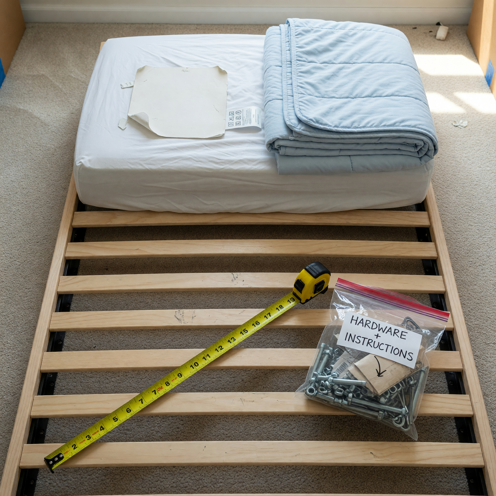 Close detail of used bed frame slats, hardware, and measuring tape prepared for a local listing