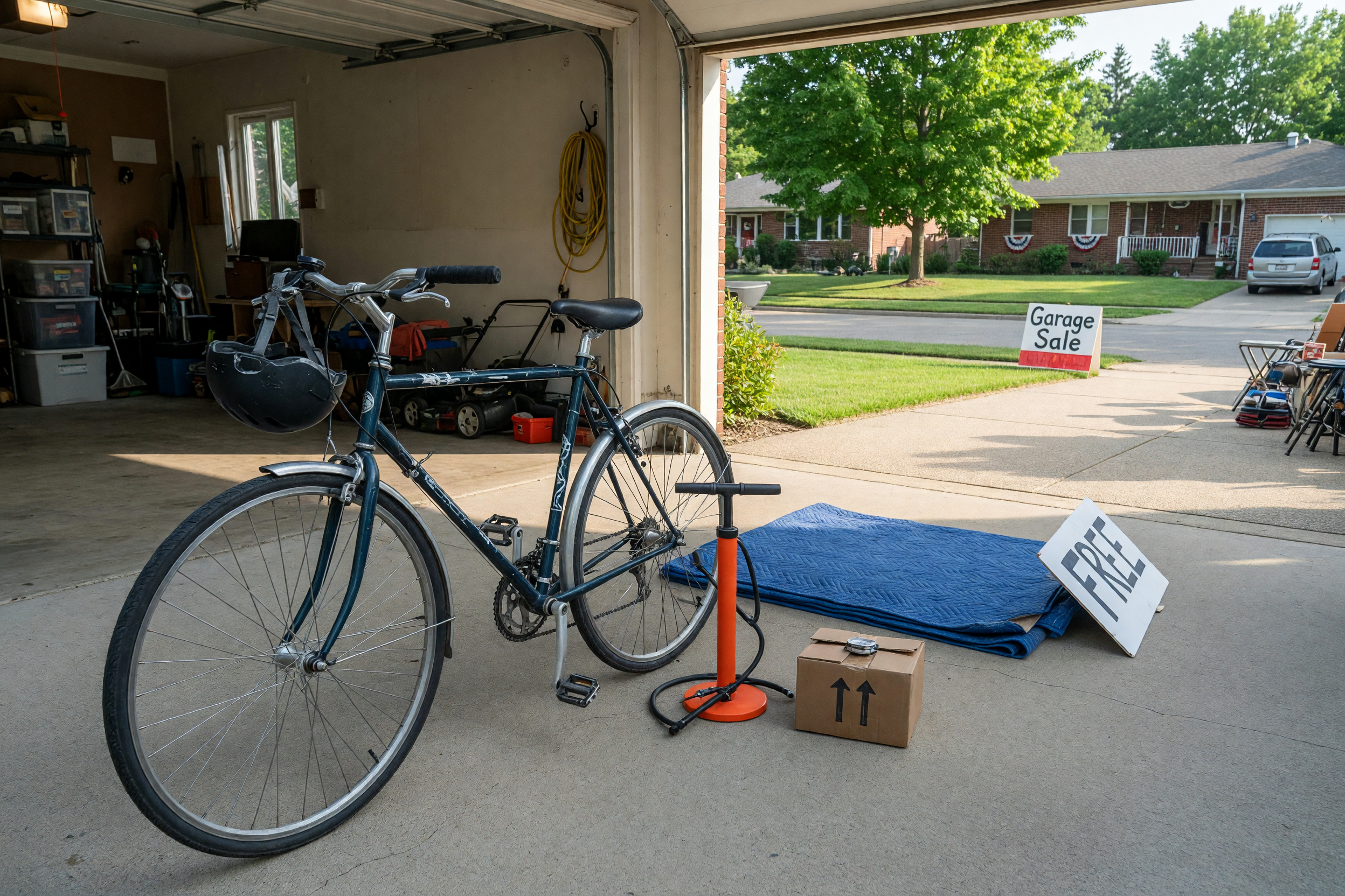 Used bicycle staged in a garage for a local marketplace listing