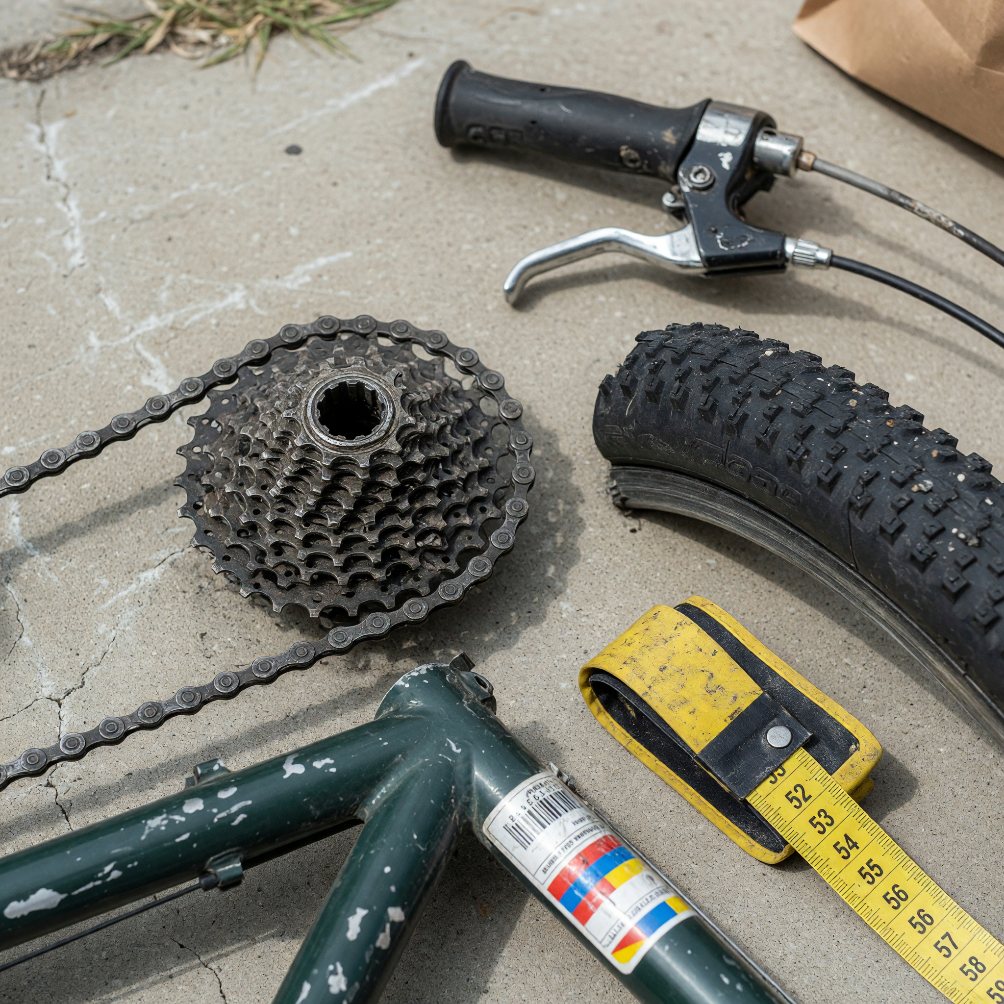 Close detail of a used bicycle drivetrain tire brake and measuring tape for a listing checklist