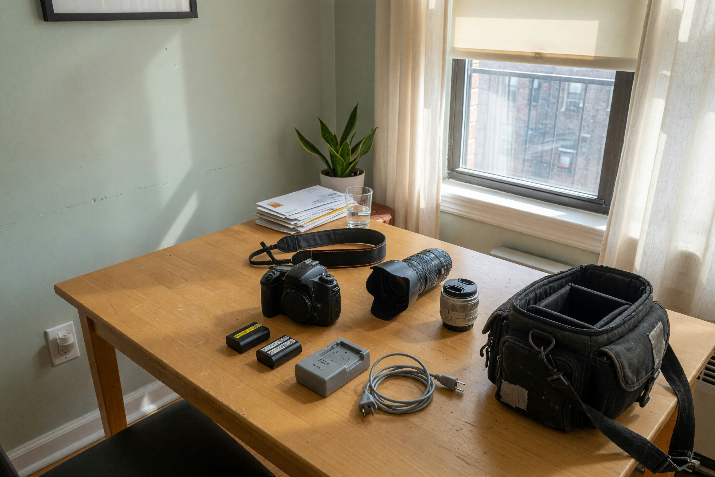 Used camera body, lenses, batteries, charger, and bag arranged for a local marketplace listing