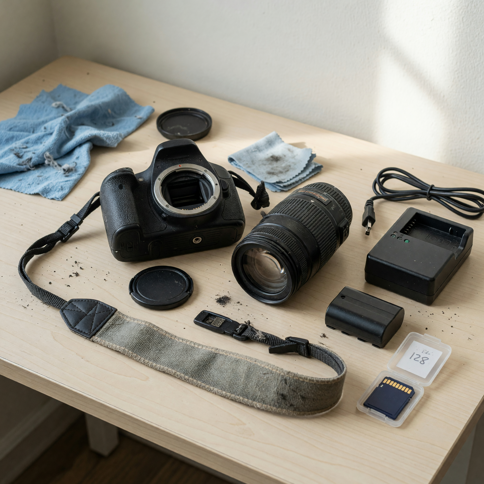 Used camera body, lens, battery, charger, strap, and memory card laid out for a marketplace listing