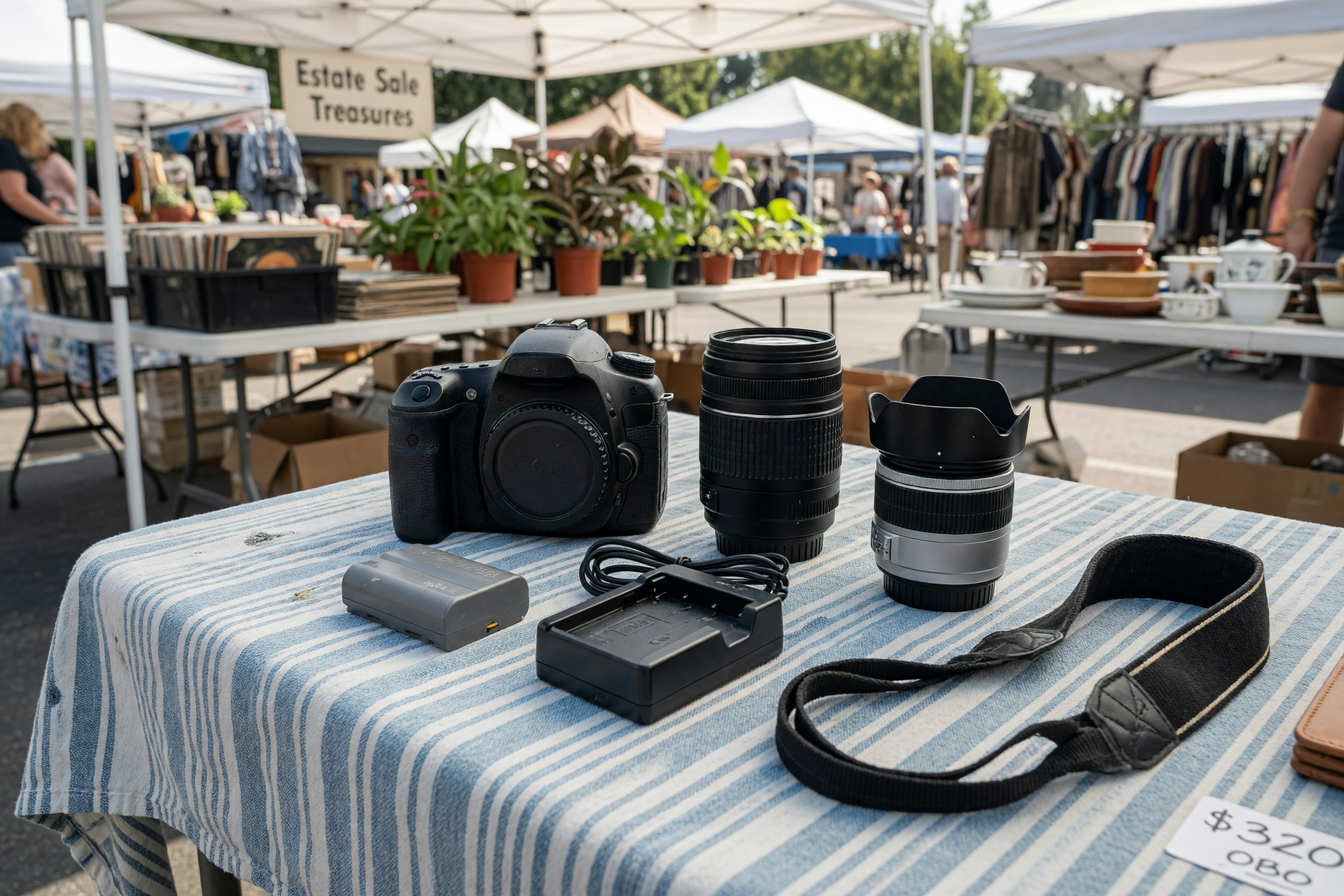 Used camera body and lenses arranged neatly for a local sale
