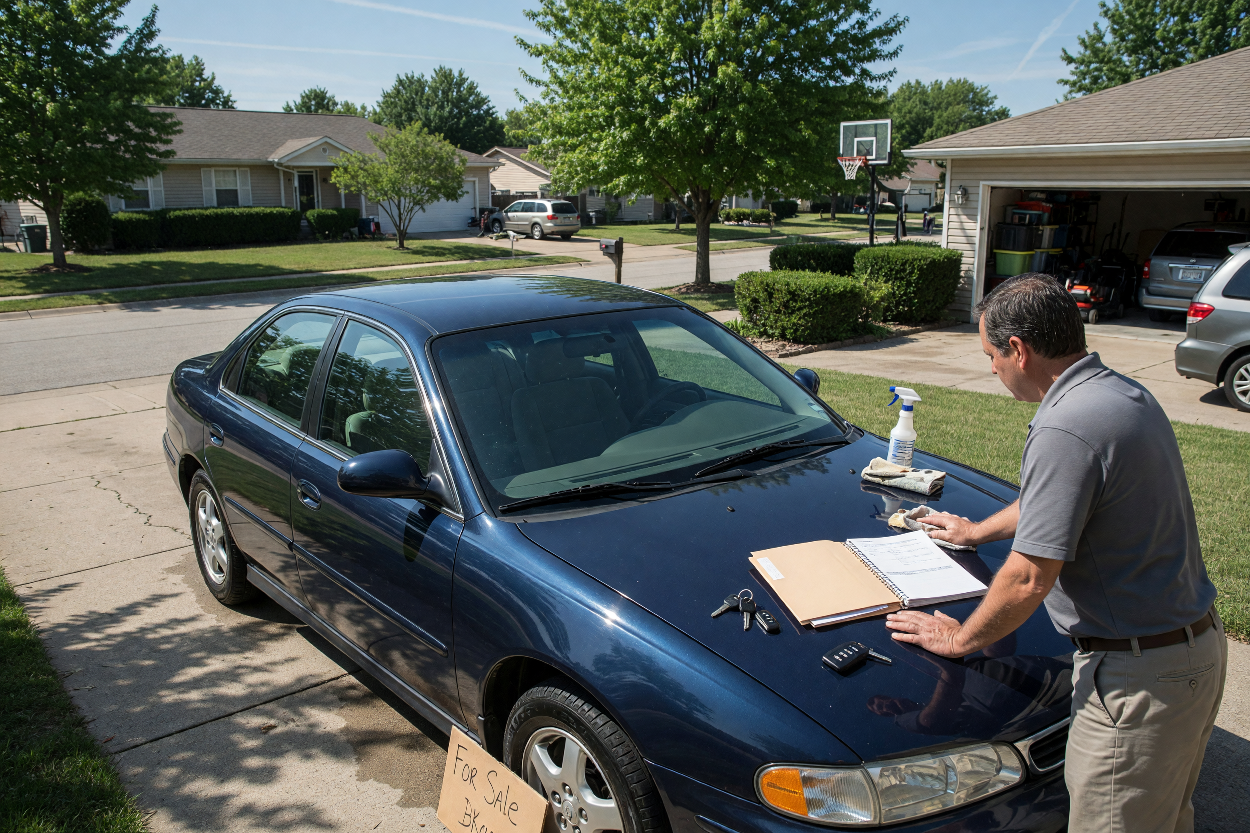 A clean used sedan in a sunny driveway with keys and a maintenance folder ready for a private local sale