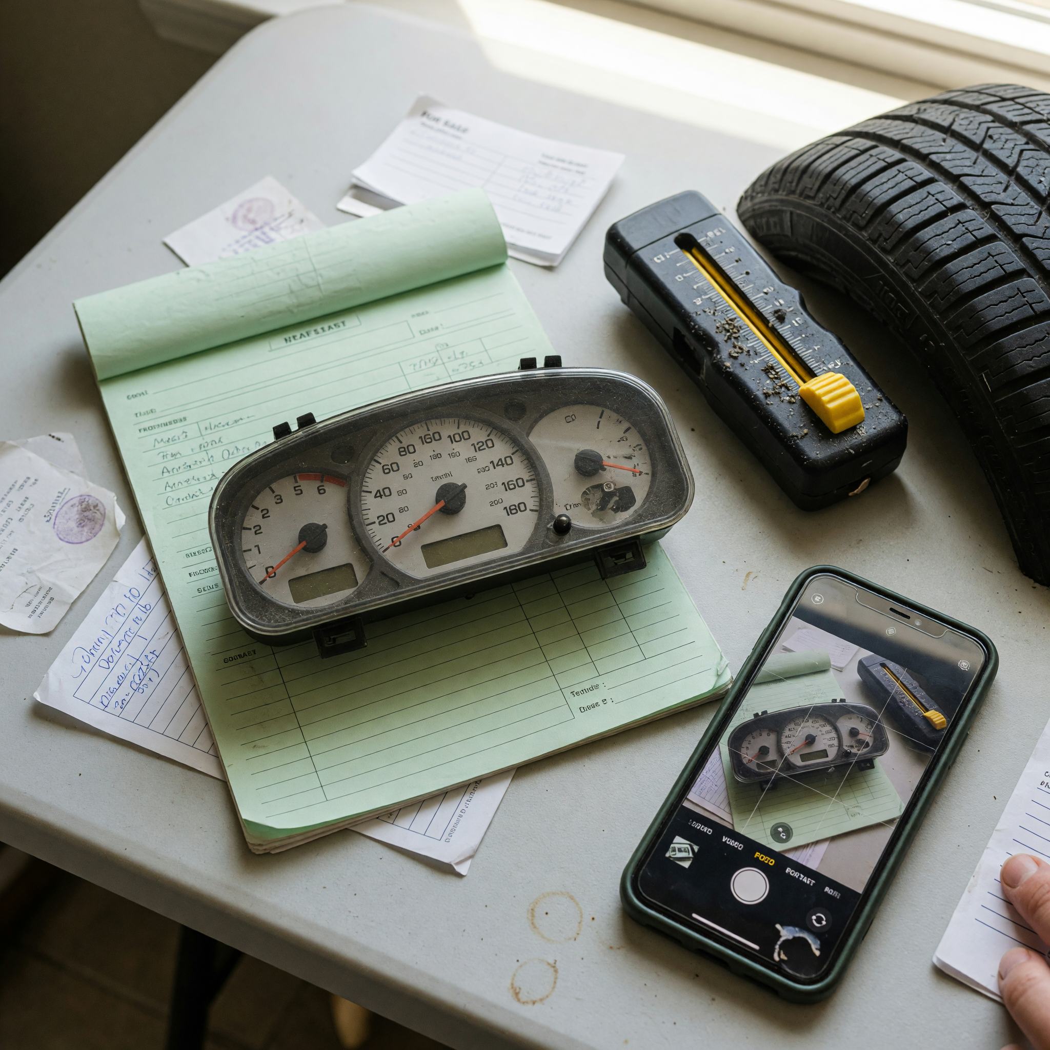 A used car seller photographing the odometer and organizing maintenance receipts before writing a private sale listing
