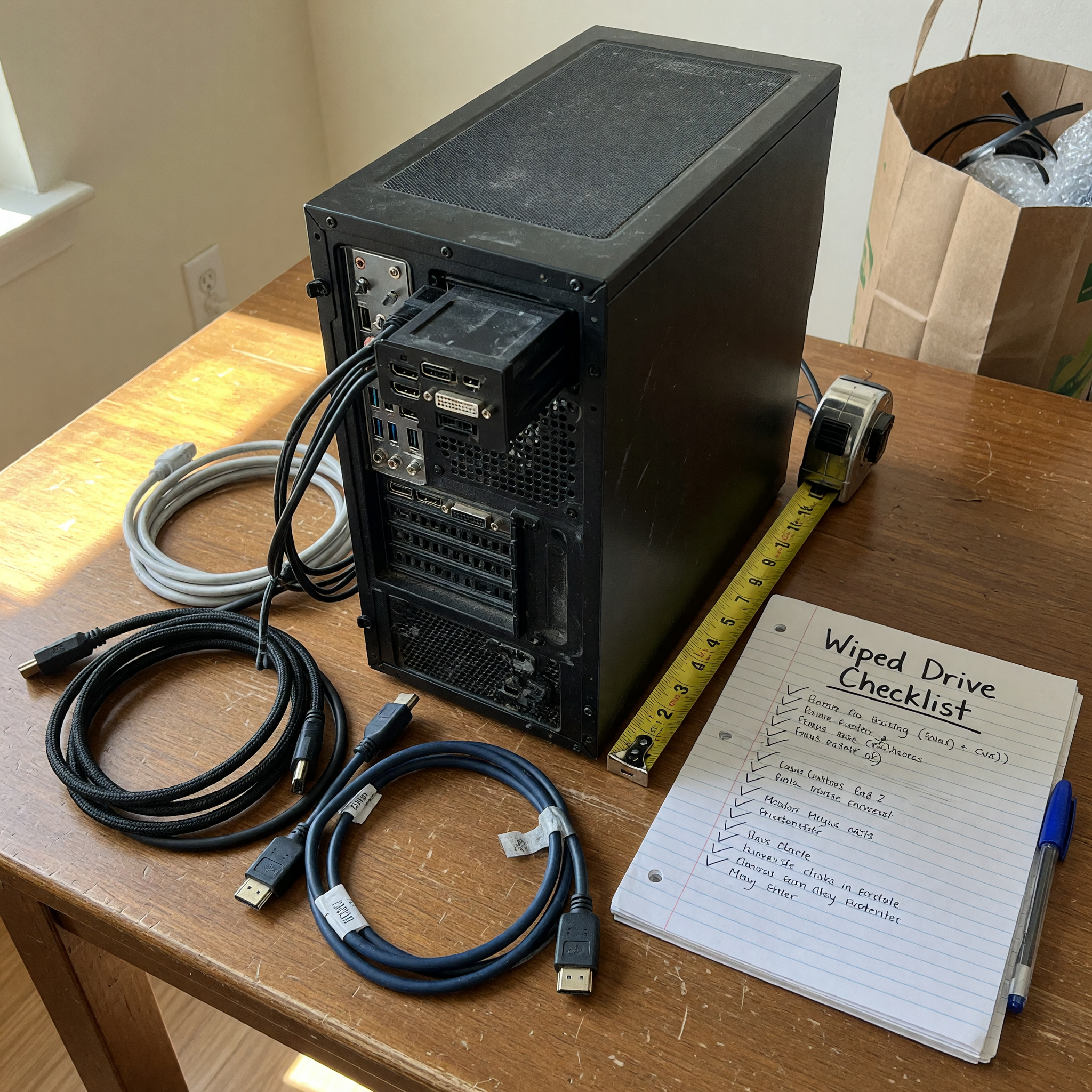 Used desktop PC tower with visible ports and cables prepared for a resale listing