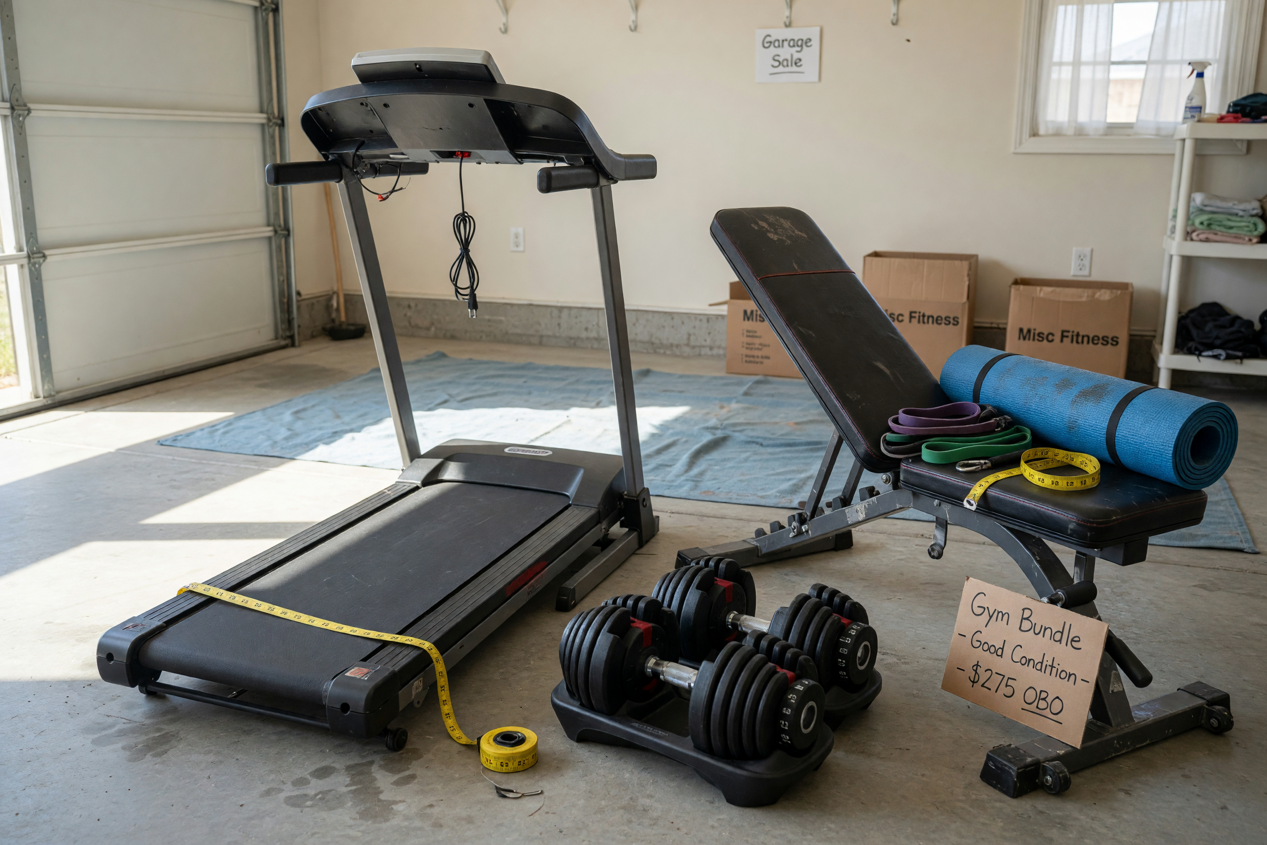 Used treadmill, dumbbells, bench, and workout gear organized for a local listing
