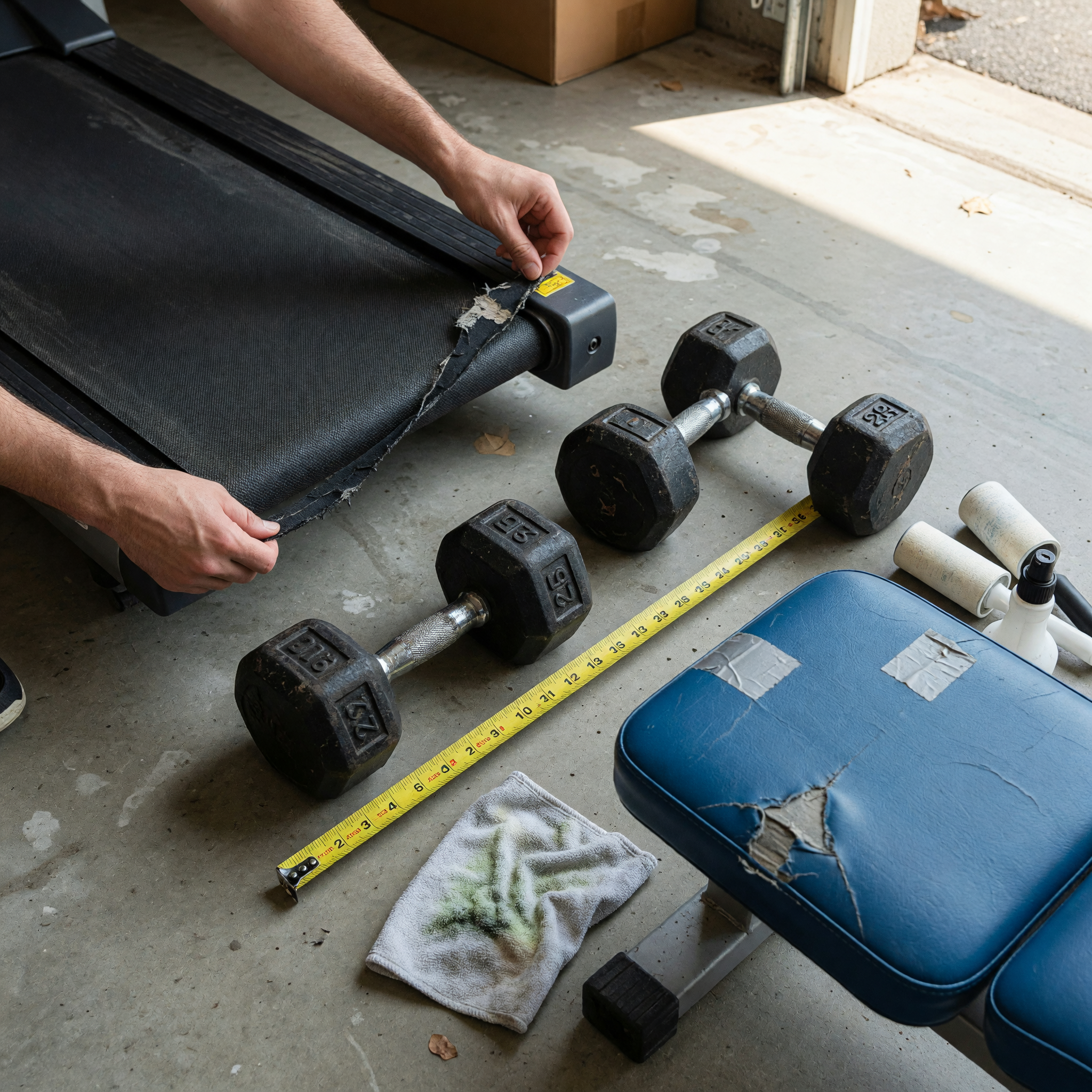 Used treadmill, dumbbells, bench upholstery, tape measure, and cleaning cloth prepared for a local listing