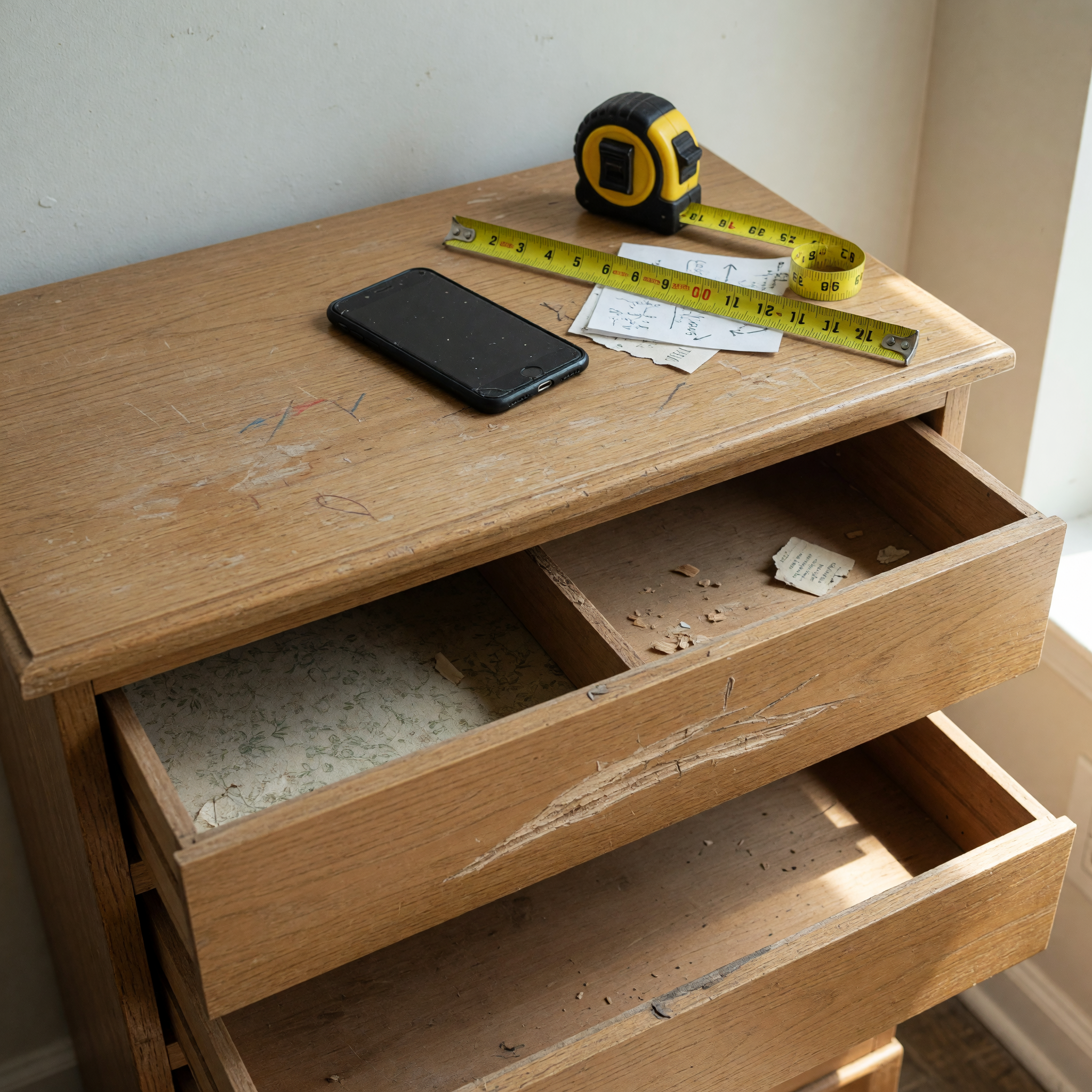 Used dresser photographed with drawers open and measuring tape for a local furniture listing