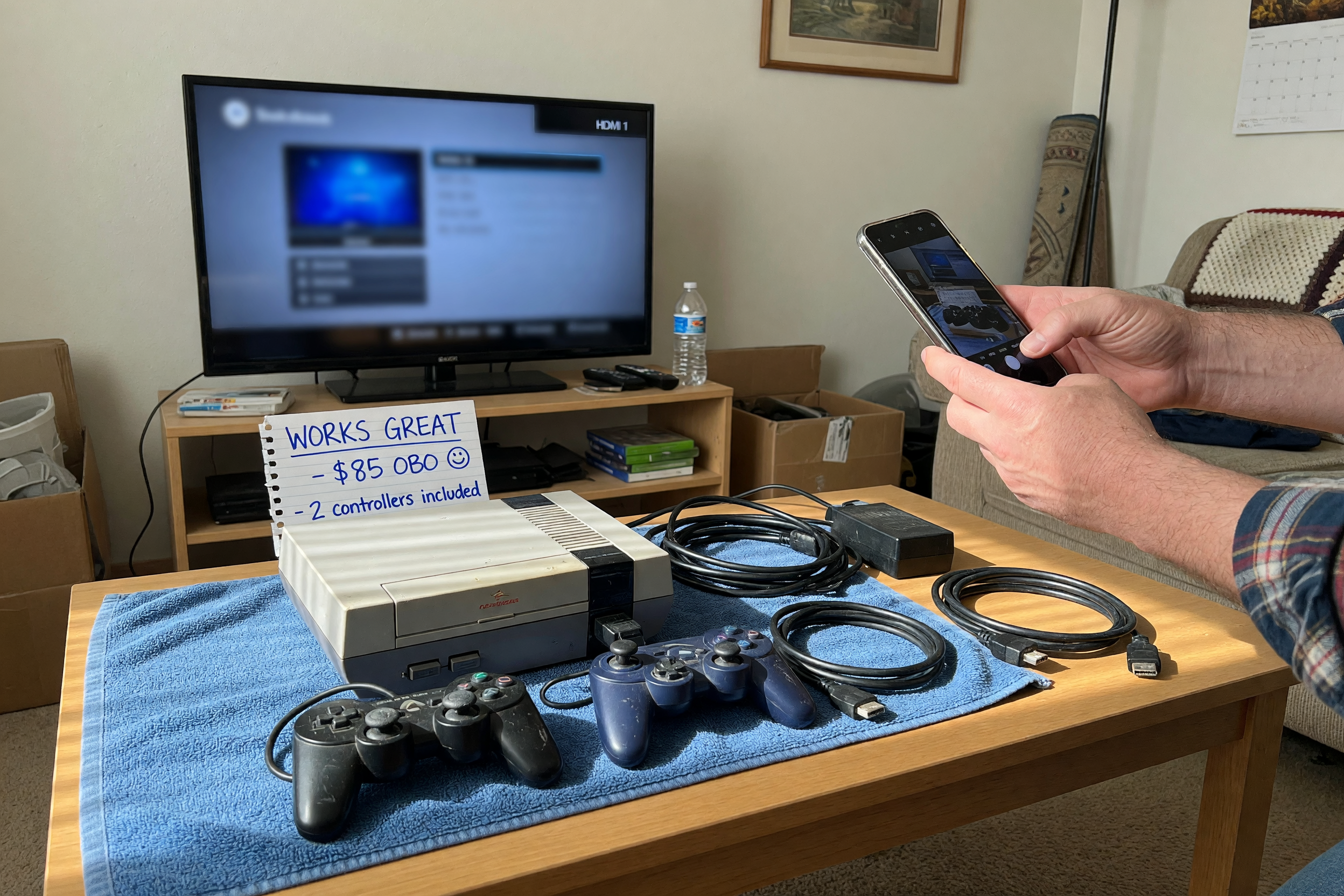 A used game console with two controllers and cables arranged on a living room table for a local marketplace listing