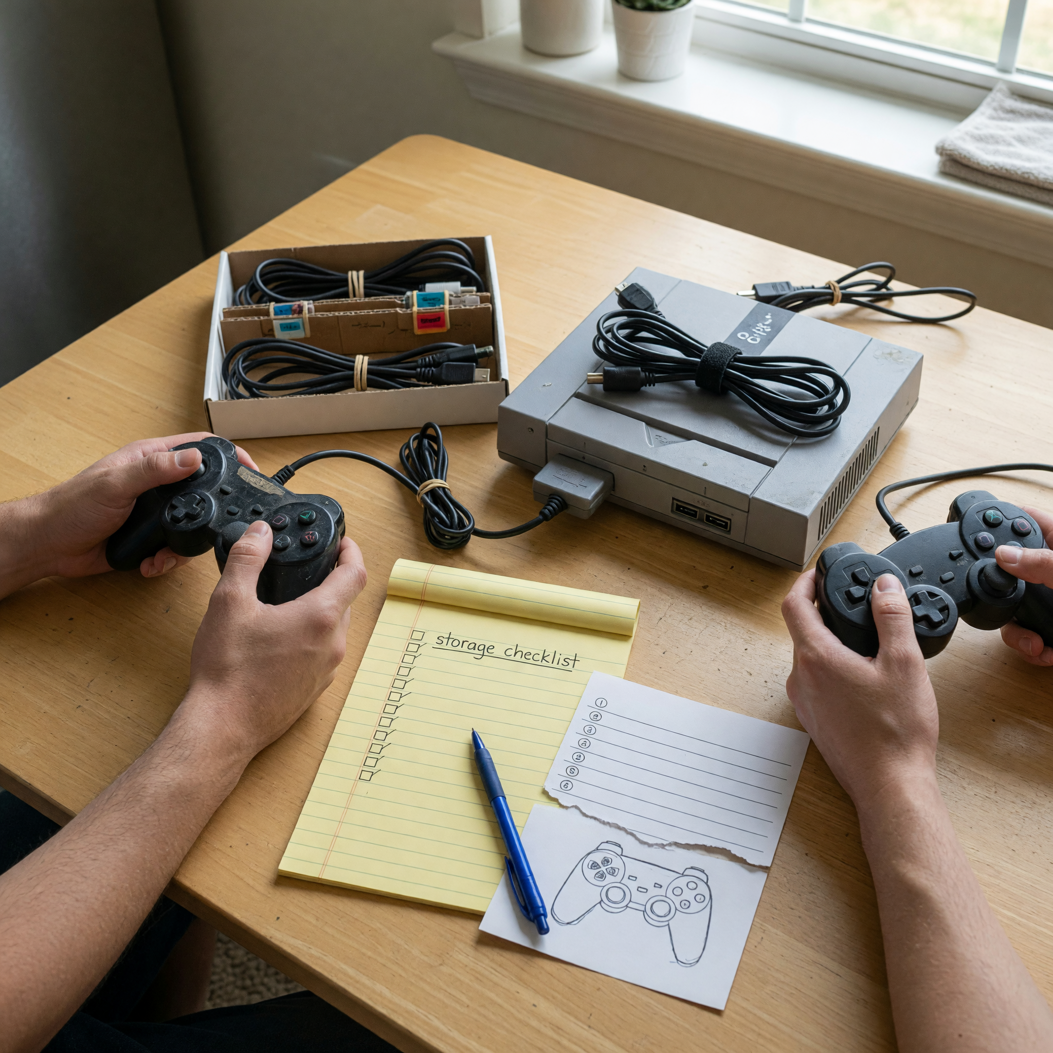 A seller testing used game controllers beside a console and organized cables before writing a marketplace listing