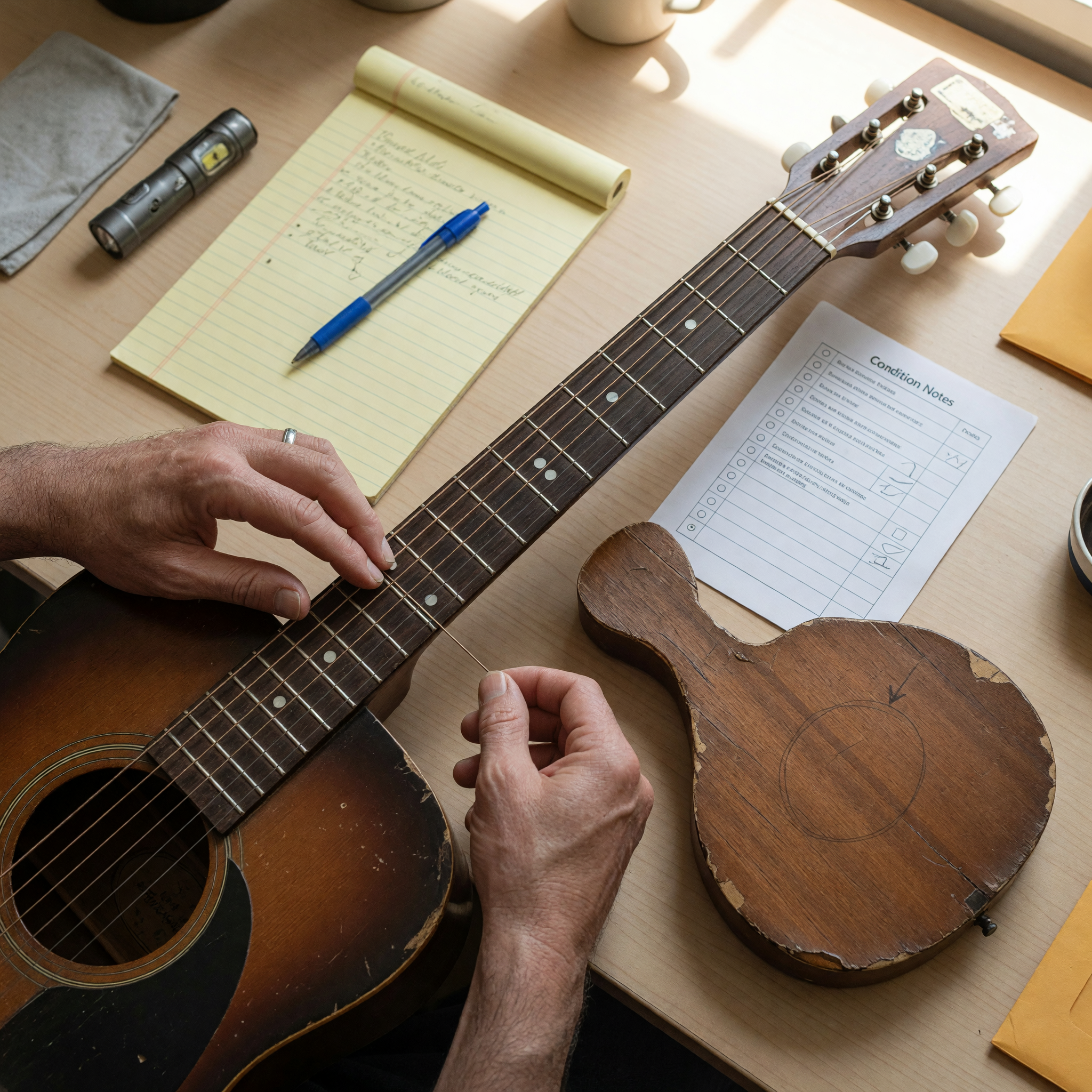Seller checking strings, frets, and body condition on a used acoustic guitar before posting a marketplace listing