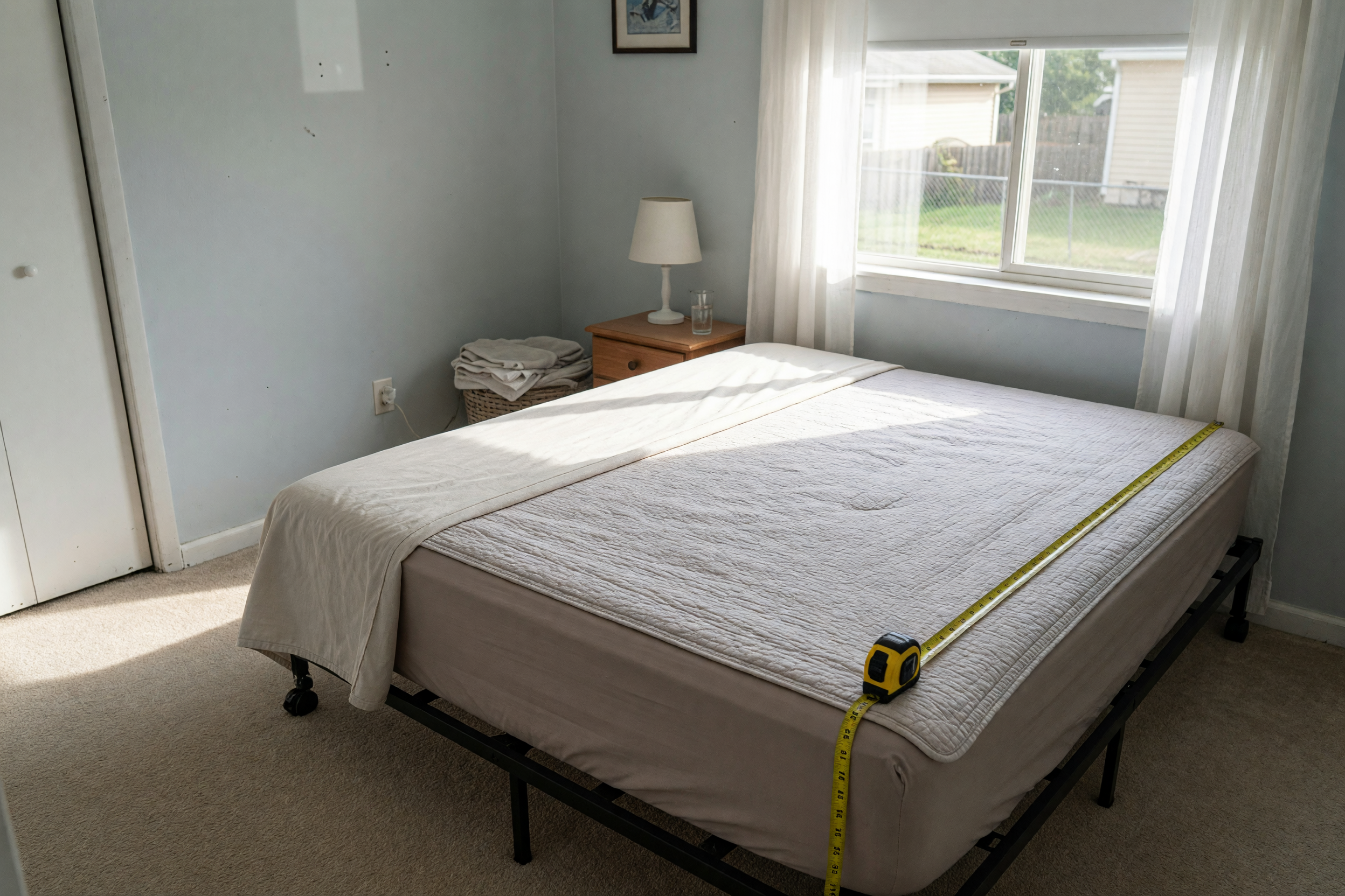Clean used mattress in a bright bedroom prepared for a local marketplace listing with measuring tape visible