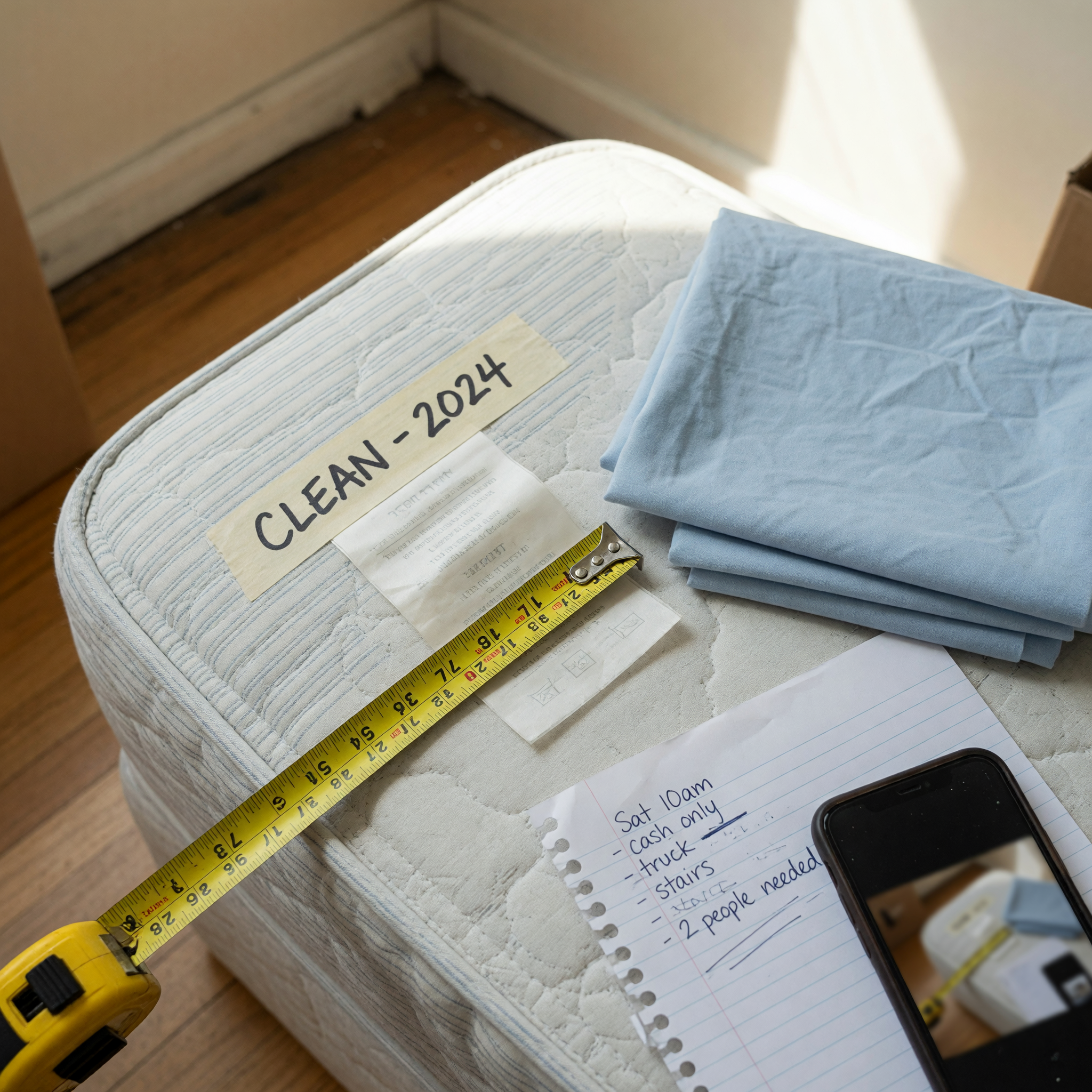 Used mattress listing preparation with a tape measure, clean fabric detail, phone camera, and pickup notes