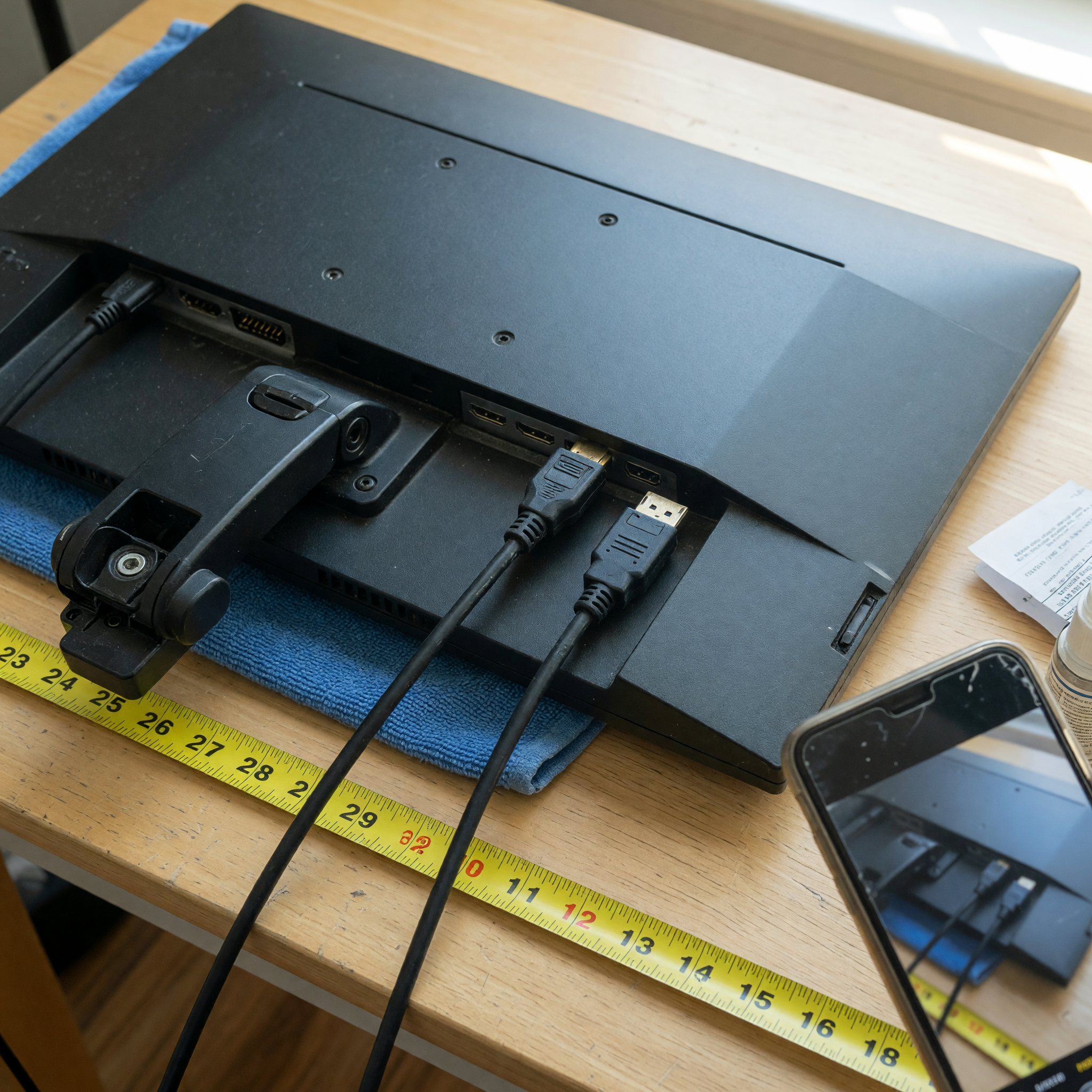 Used monitor listing preparation with HDMI and DisplayPort cables, back ports, stand, and measuring tape