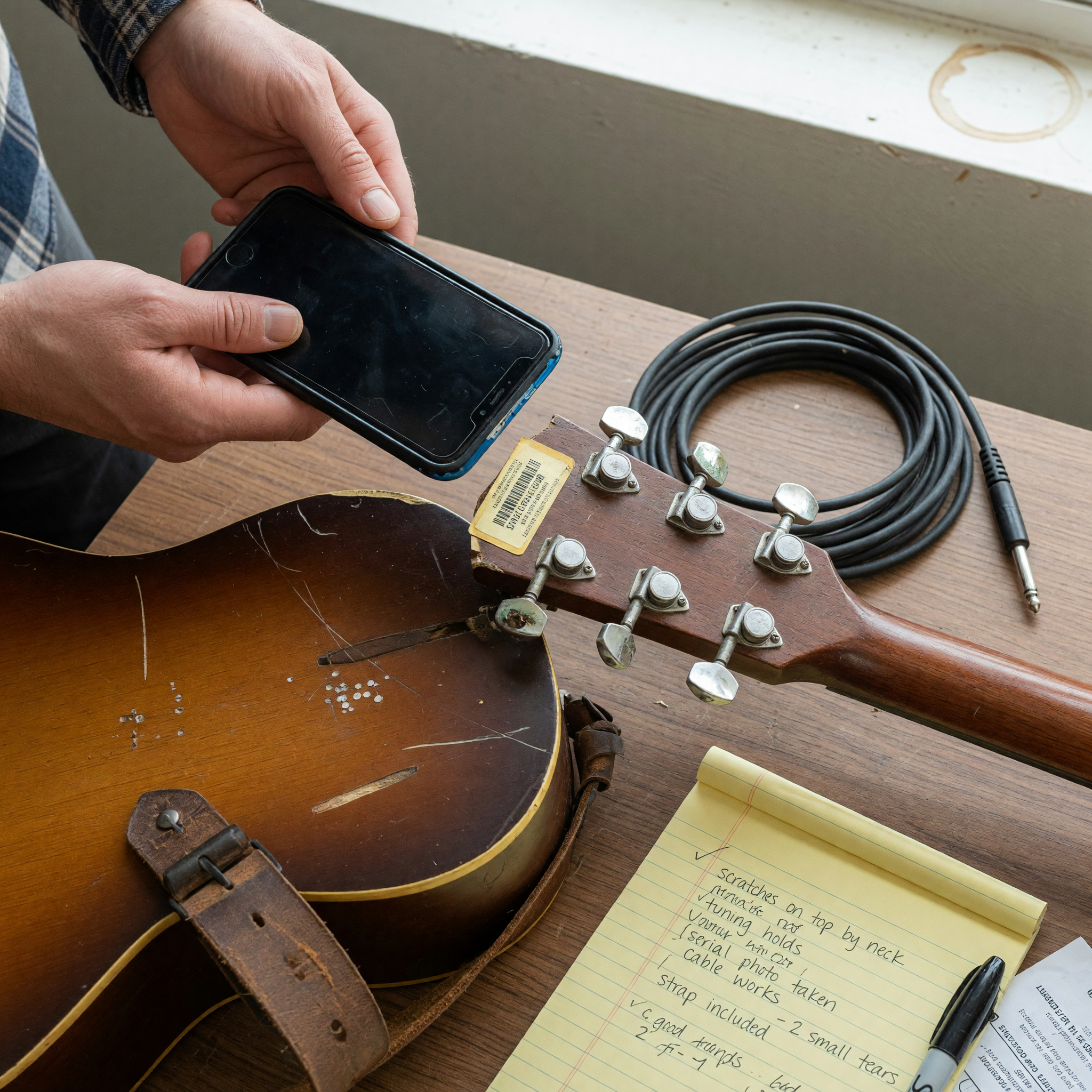 Used guitar details, accessories, and condition notes prepared for a local marketplace listing
