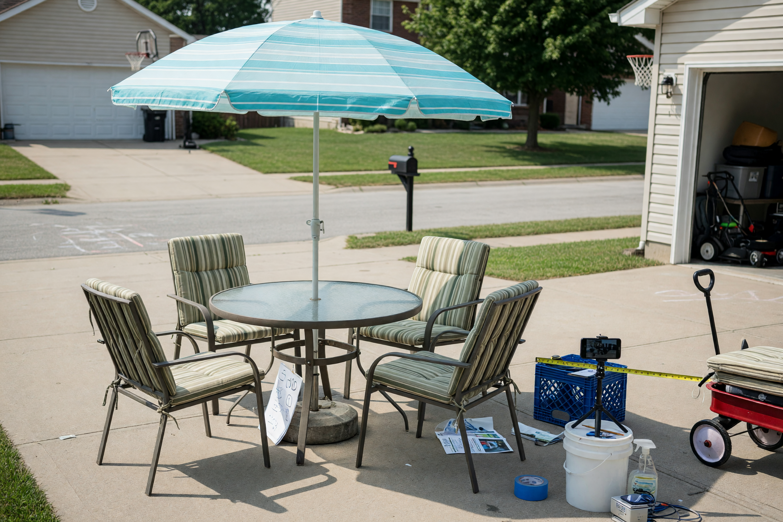 Used patio furniture set arranged in a driveway for a local sale listing