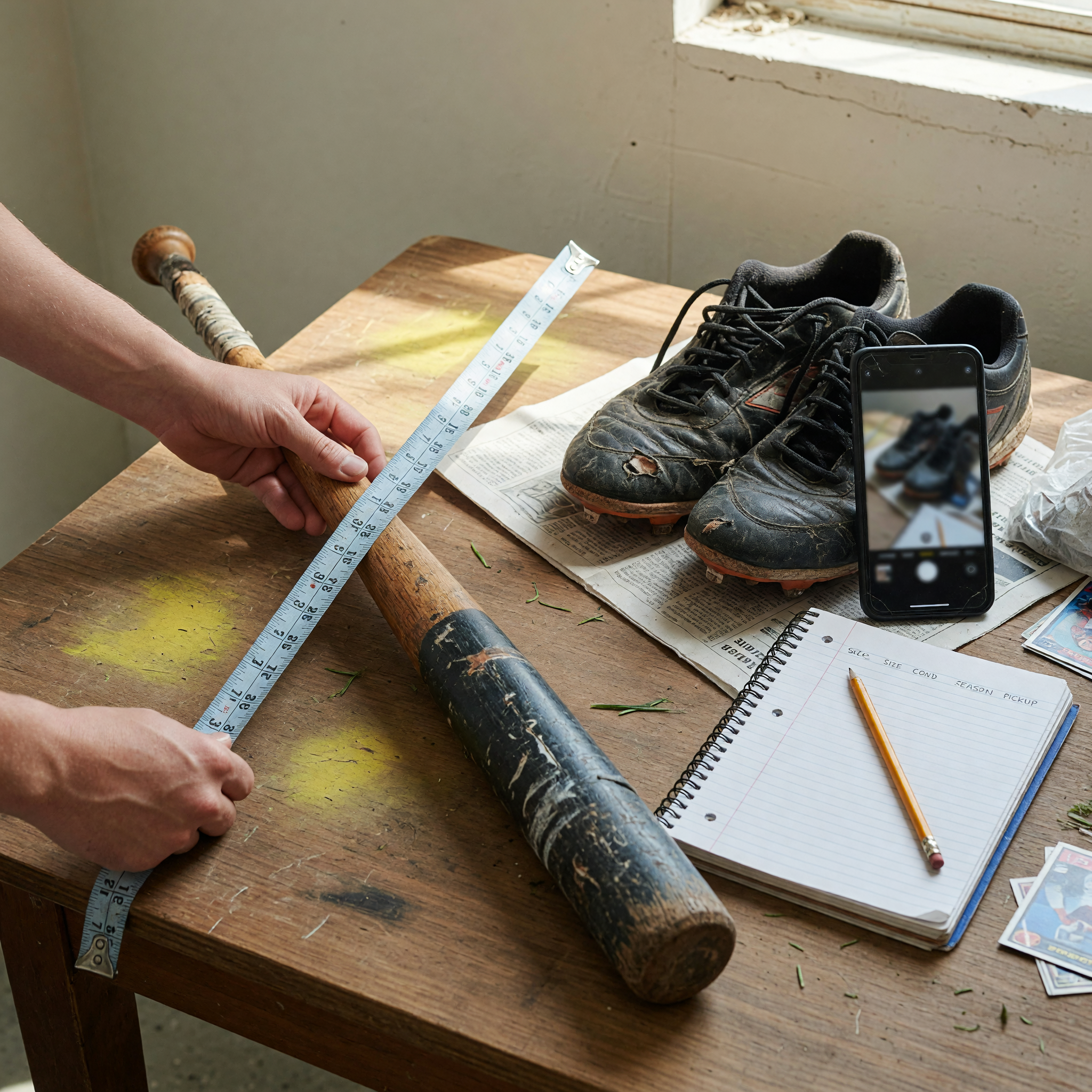 Seller measuring and photographing used sports equipment before posting a local listing