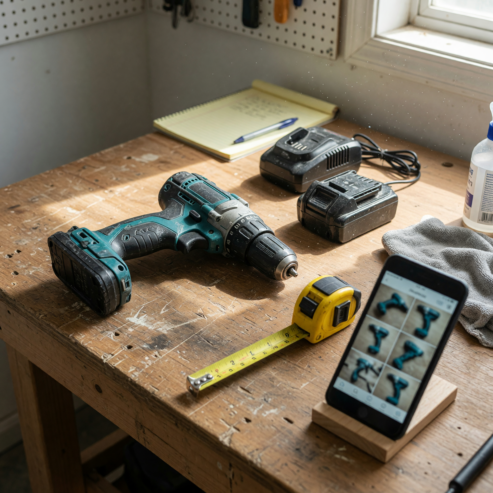 Used cordless drill, battery, charger, and measuring tape arranged for listing photos