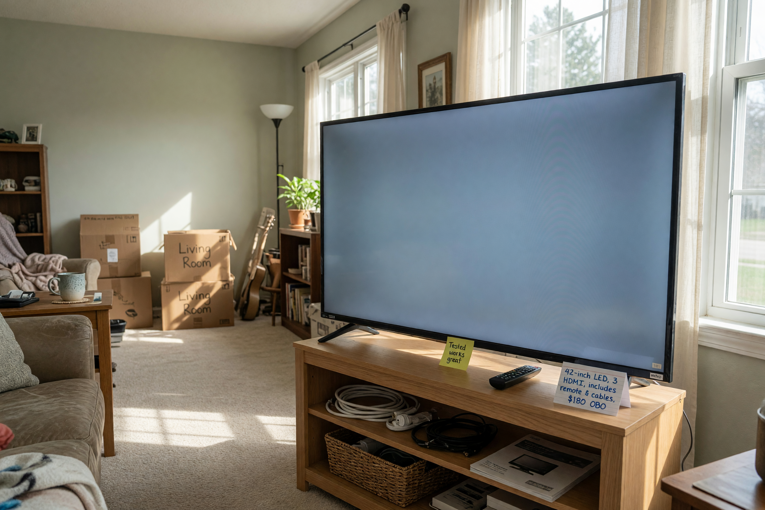 A used television ready for local sale in a bright room
