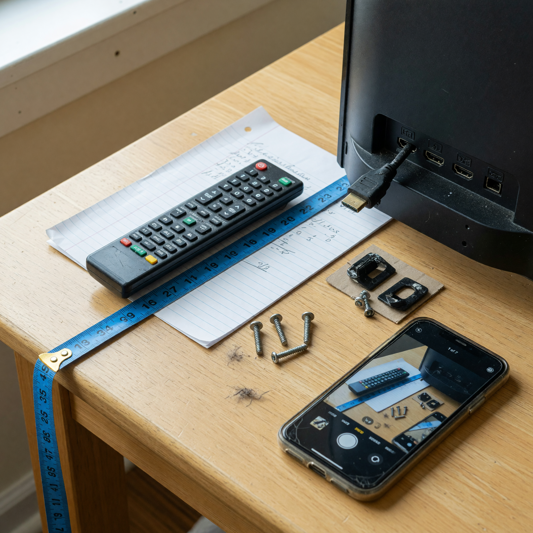 Used TV listing preparation with remote, HDMI ports, stand screws, measuring tape, and phone camera