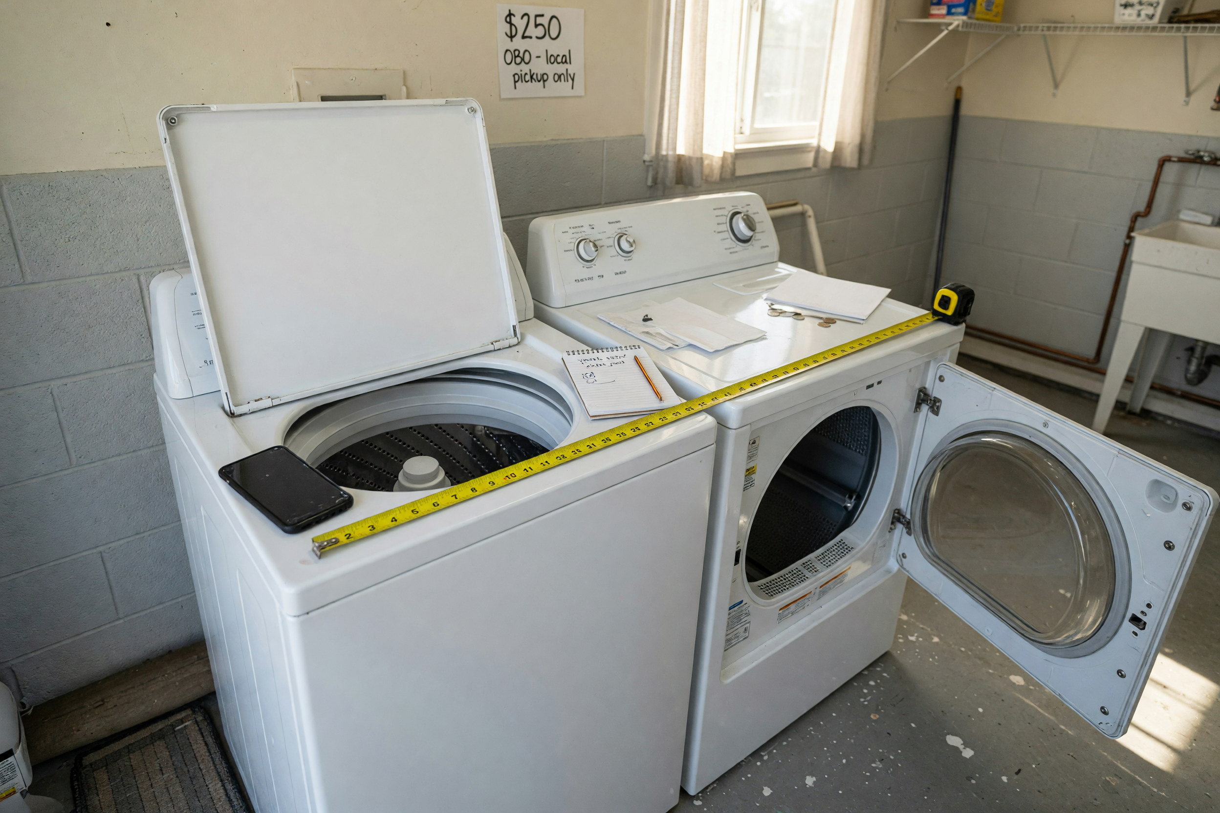 Used washer and dryer set prepared for a local marketplace listing with measuring tape and phone nearby