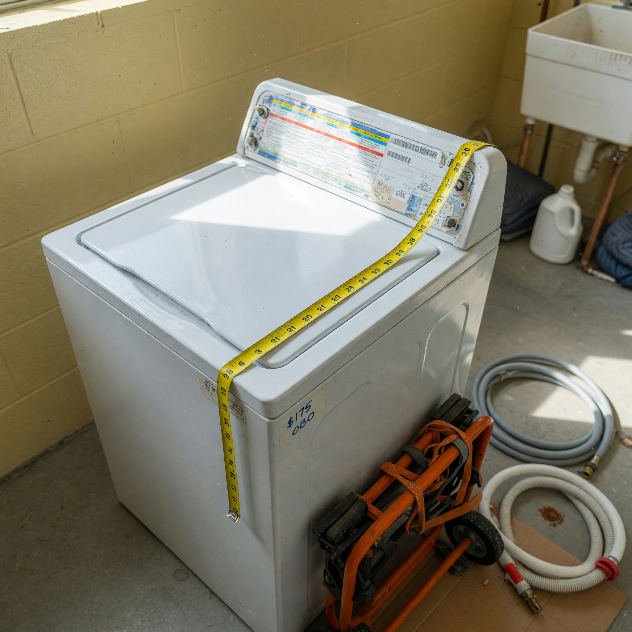 Measuring a used washer for a local appliance listing with hookup hoses and pickup dolly nearby