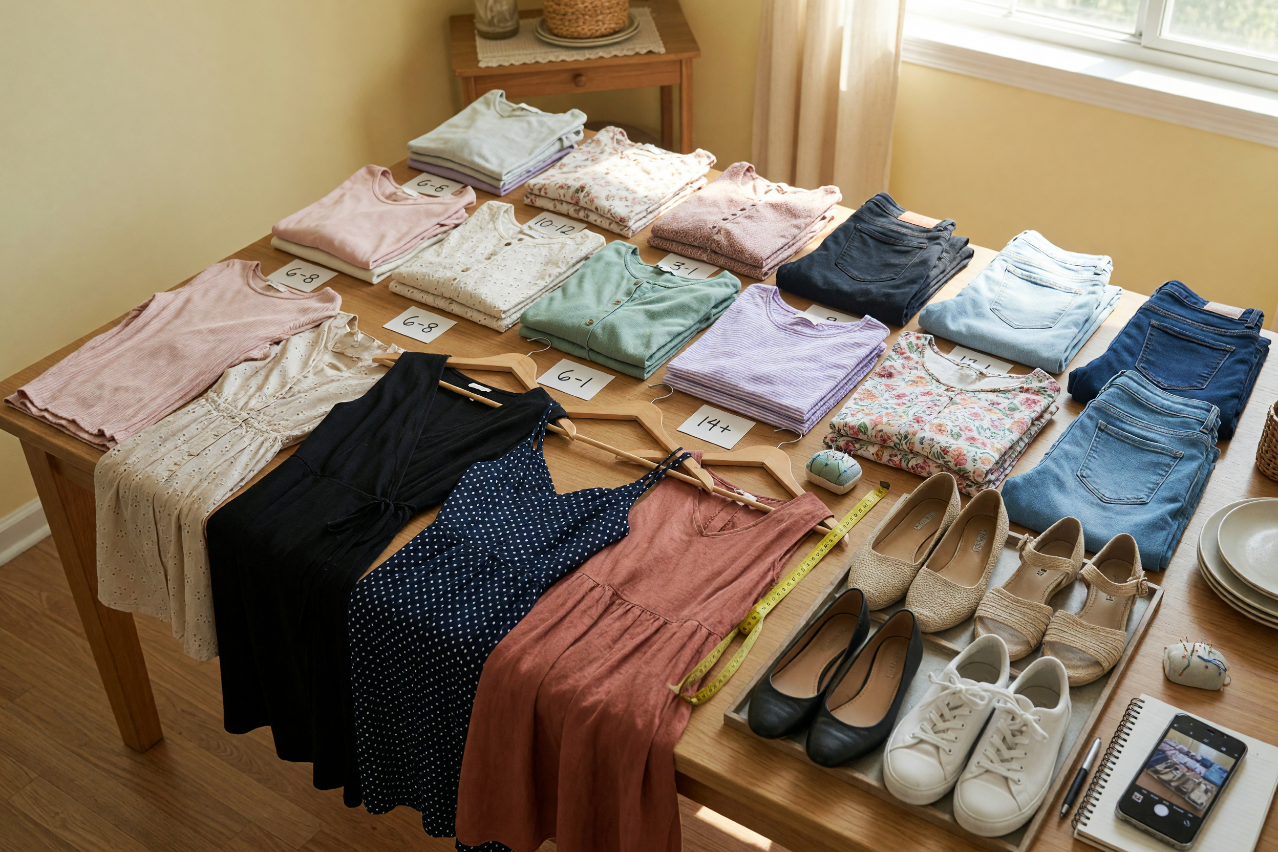 Women's clothing lot sorted for a local marketplace listing