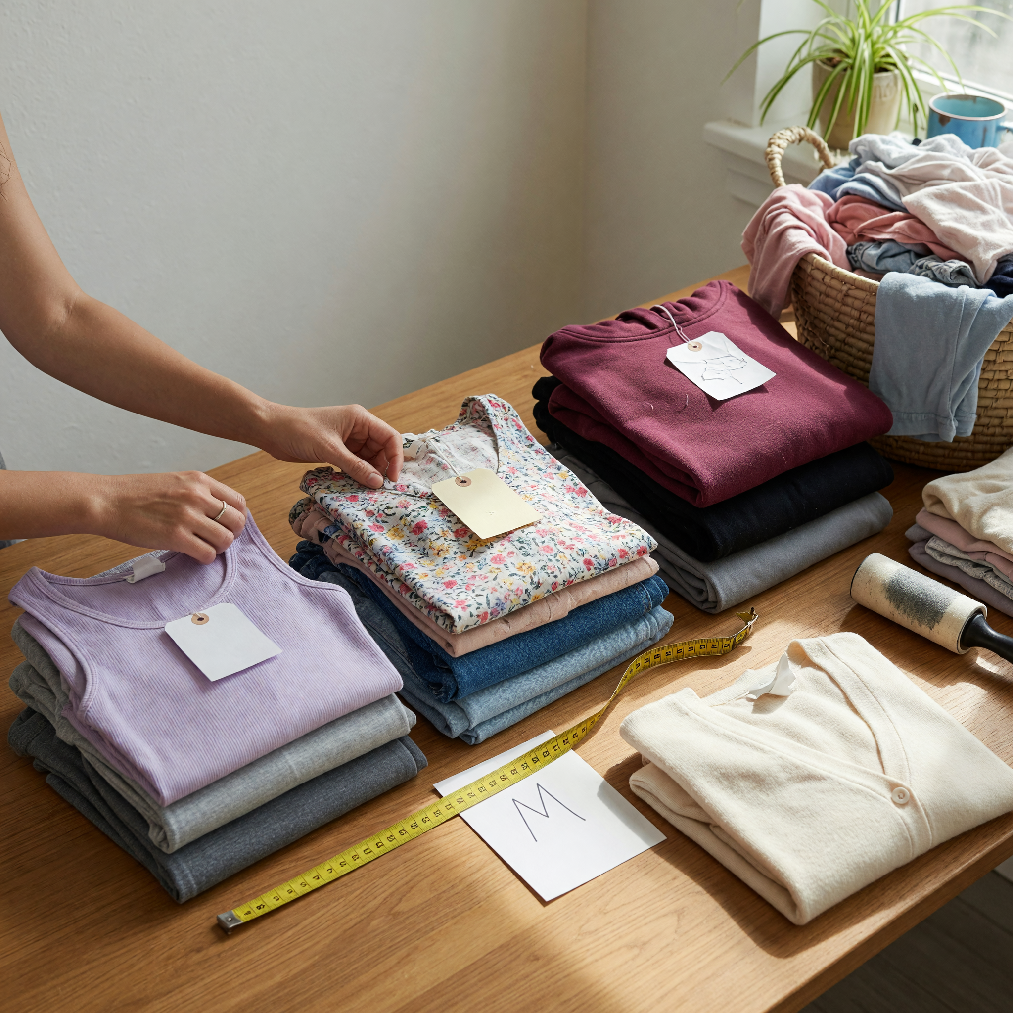 Used women's clothing sorted by size and condition before a marketplace listing