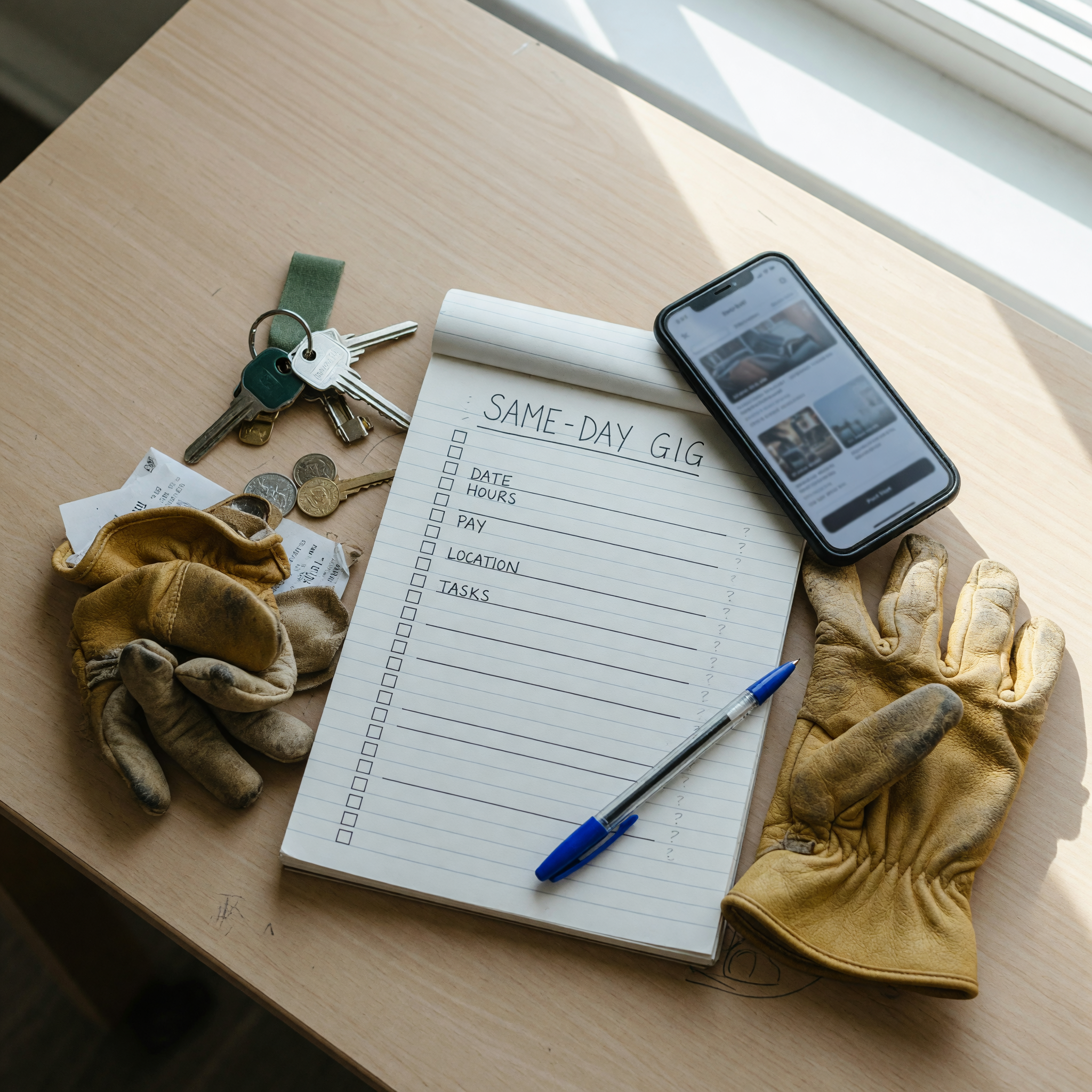 Phone and notepad preparing a short-term gig listing with blank fields for date, hours, pay, location, and task details