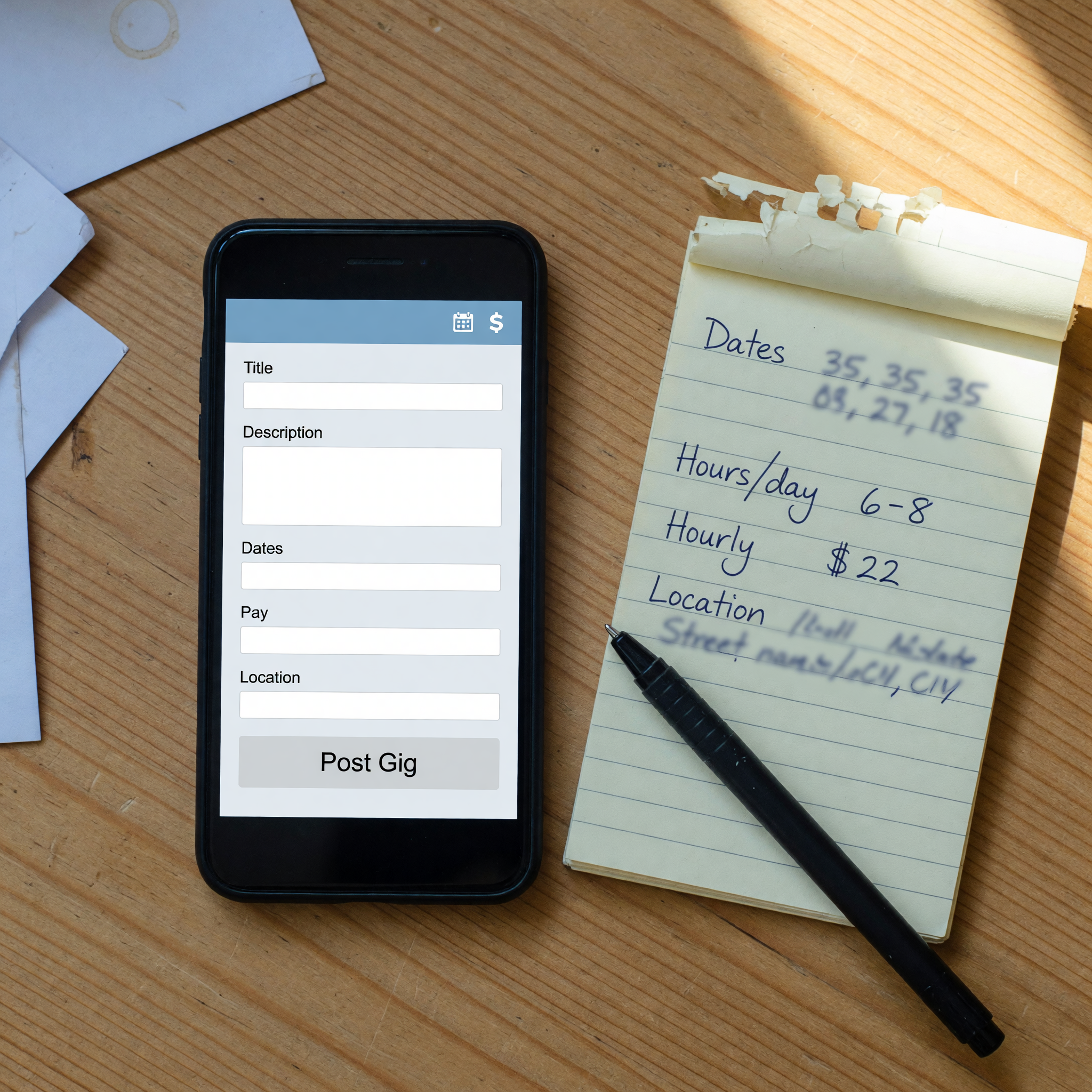 Top-down view of a phone showing a blank gig posting form on a wooden table next to a notepad listing dates, hours per day, hourly pay, and location for a short-term job