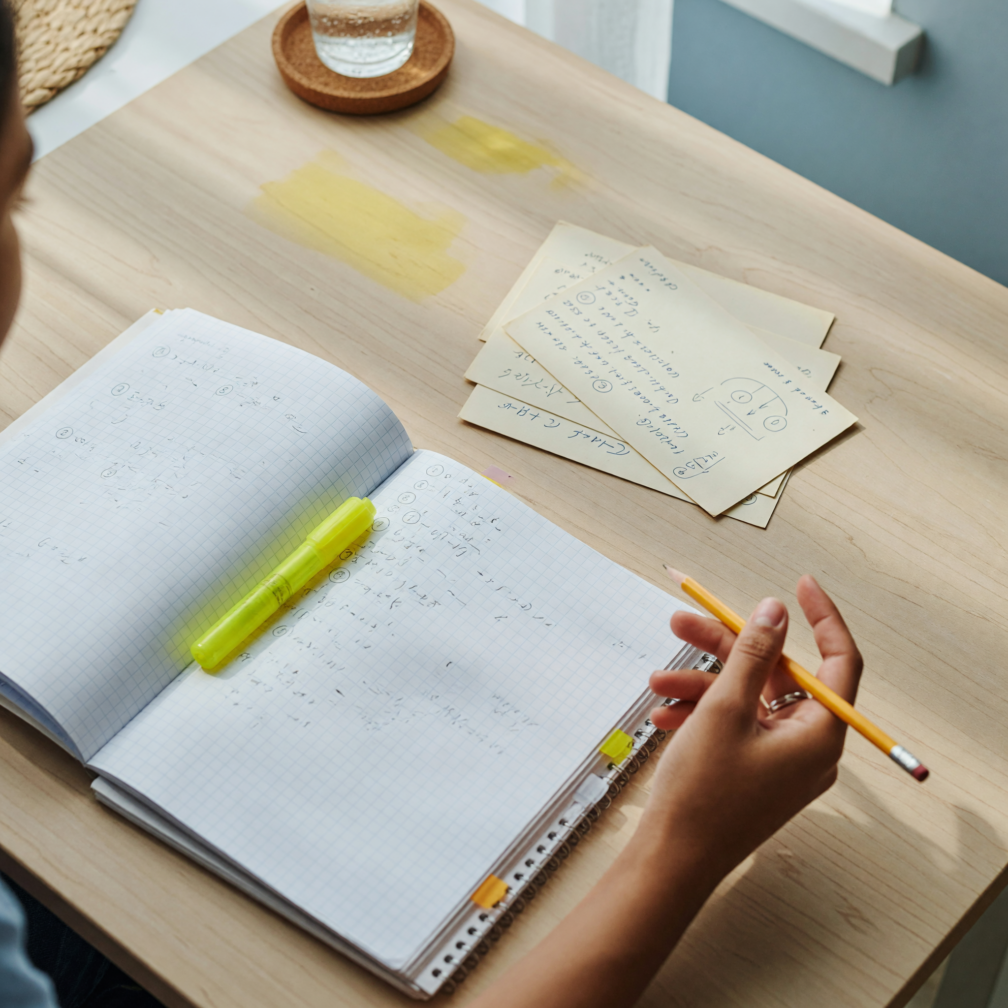An open workbook with handwritten notes, a highlighter, index cards, and a hand holding a pencil mid-explanation on a clean study table