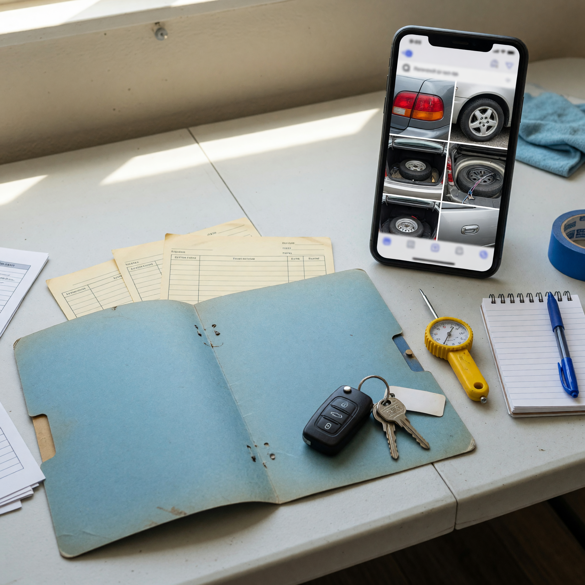Used car seller organizing keys, blank paperwork folder, tire gauge, and car photos before writing a listing