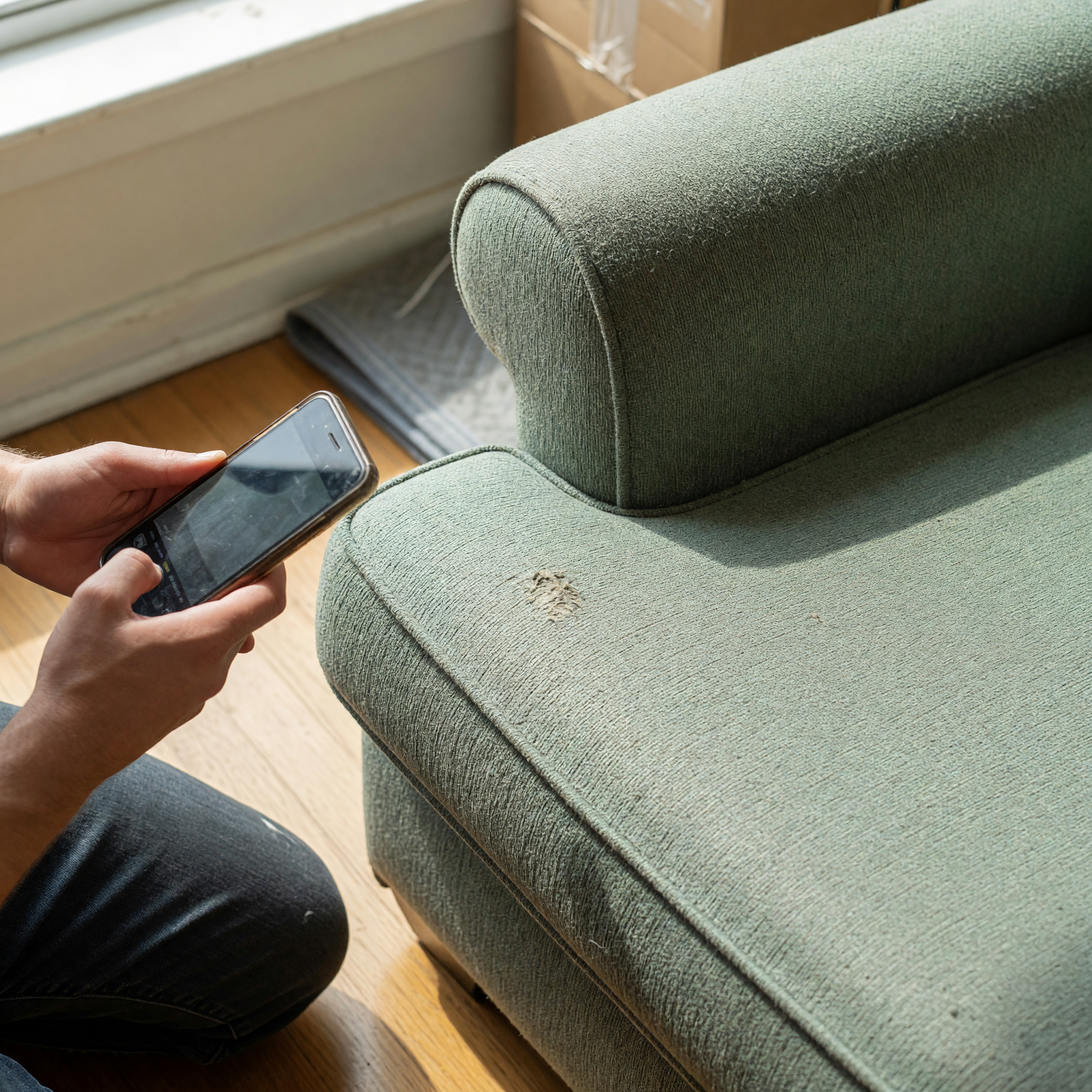 A person kneeling to photograph the seat cushion and armrest of a used couch up close in daylight