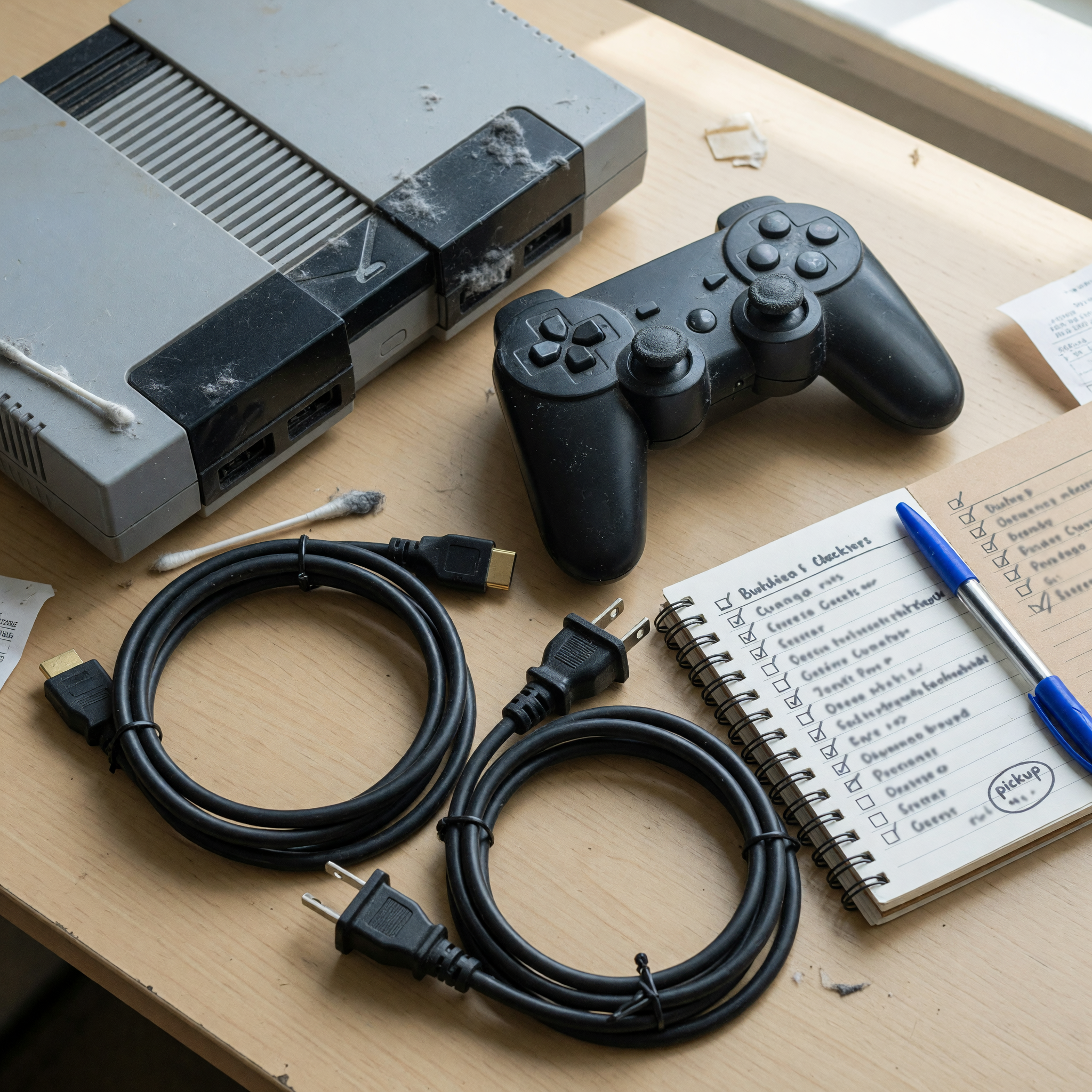 Consola usada limpia con controles y cables listos para fotografiar