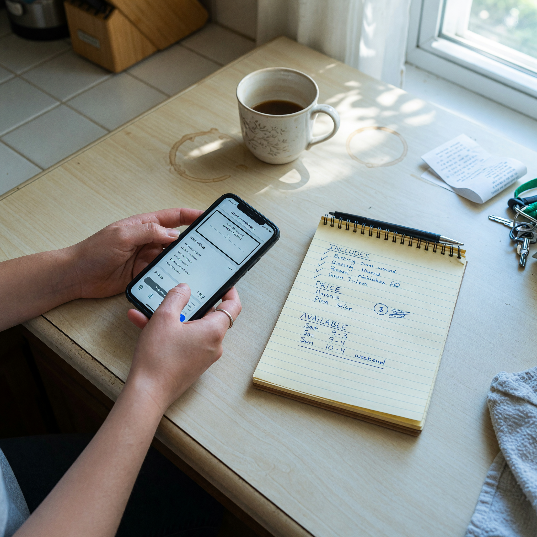 A person drafting a weekend gig listing on a phone next to a notepad listing what the job includes, price, and available Saturday and Sunday hours