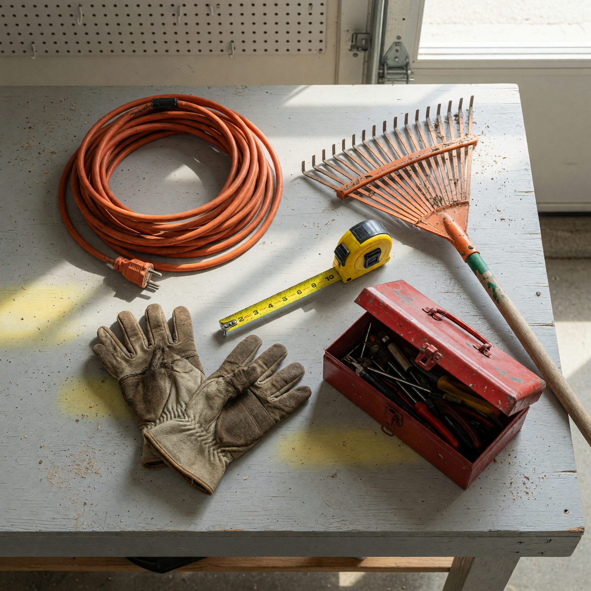 Work gloves, a rake, tape measure, extension cord, and toolbox arranged on a garage workbench for a weekend gig