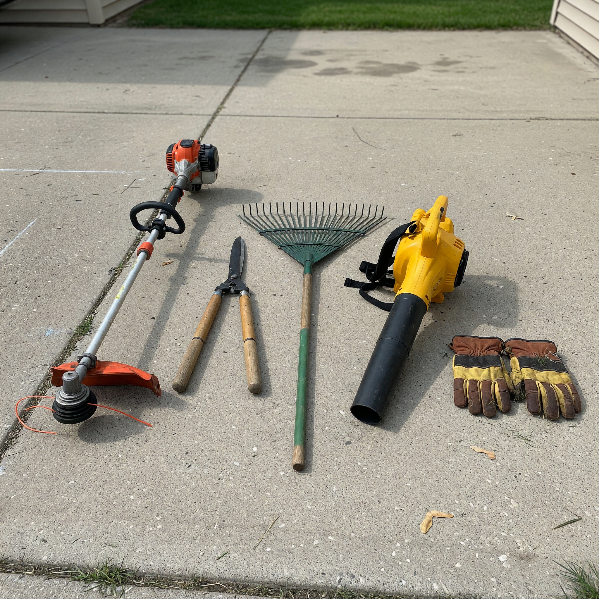 Yard work tools laid out neatly on a driveway including a string trimmer, hedge shears, a rake, a leaf blower, and work gloves